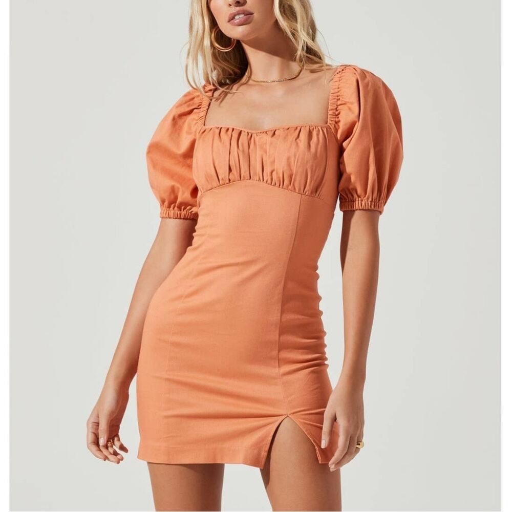 ASTR The Label Wendy Papaya Orange Puff Sleeve Square Neck Smocked Mini Dress S